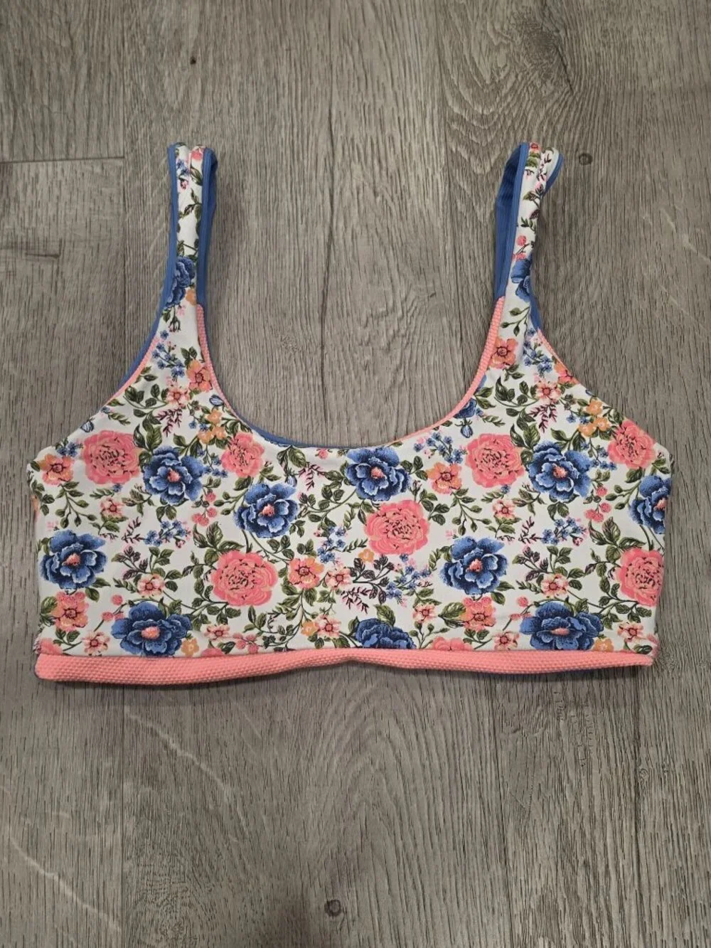 Floral & Striped Reversible Sports Bra - Pink Blue & White - Size S - Stretchy &